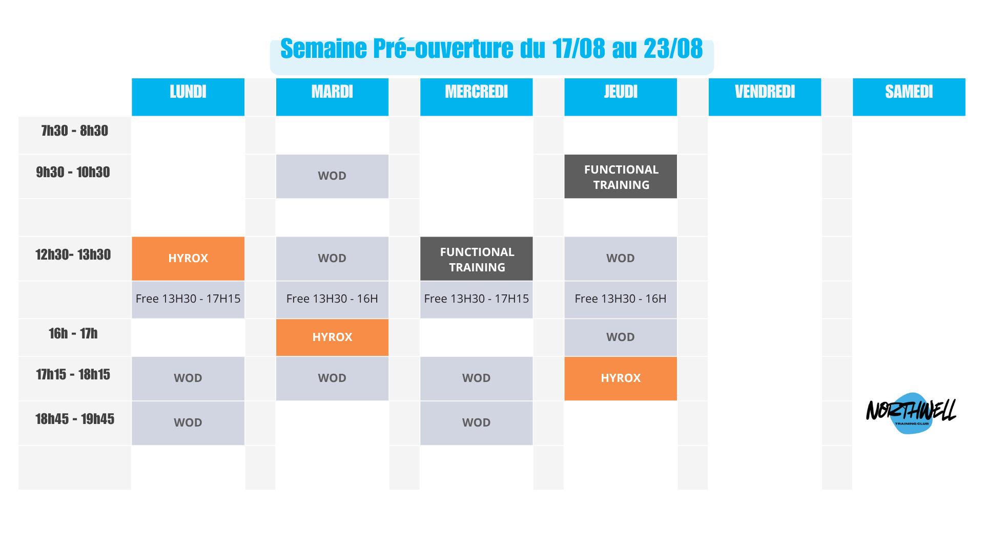 Planning Pré-ouverture du 17 au 23 Aout Planning Pré-ouverture du 17 au 23 Aout